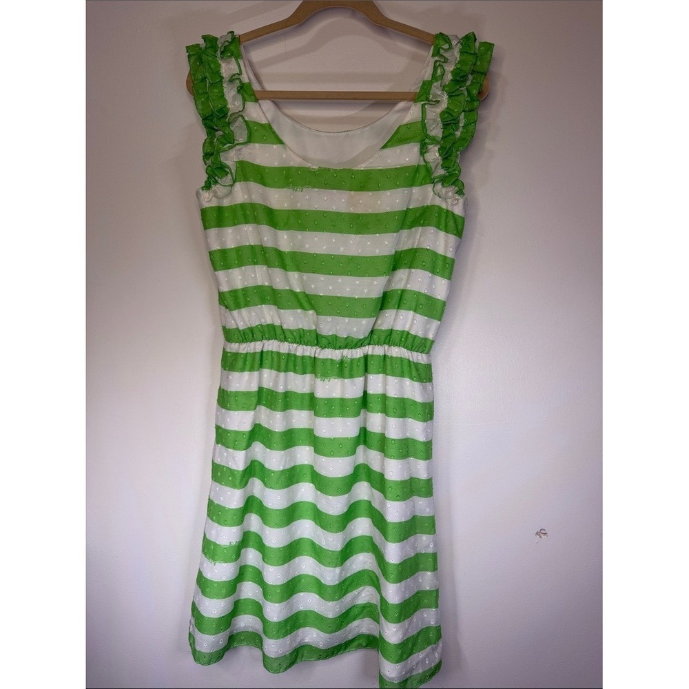 Lilly Pulitzer‎ Green and White Striped Ruffle Sleeve Mini Dress - Picture 4 of 6